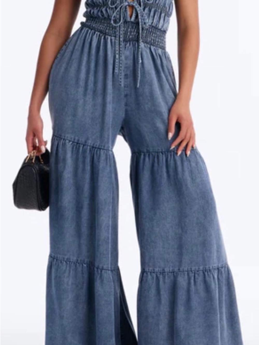 Fashion Nova Blue Wide Leg Tiered Jumpsuit Pants